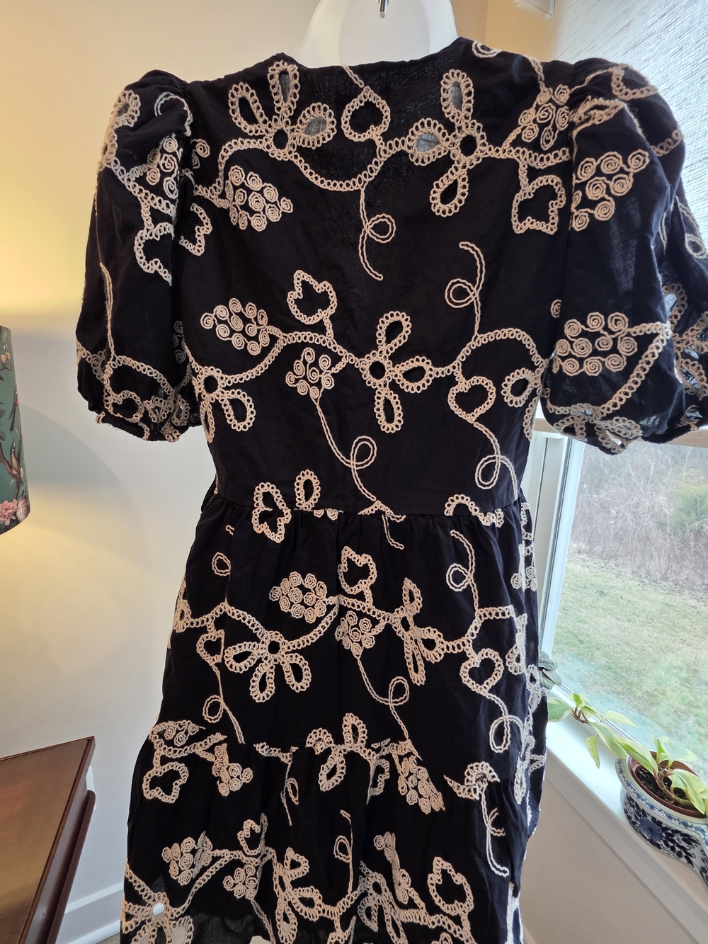 Black Embroidered Cotton Puff-Sleeve Midi Dress Cottagecore Coquette Size XS - Picture 12 of 13